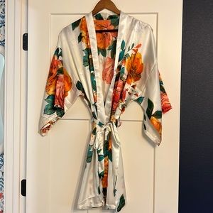 White with floral pattern silk BRIDE robe with gold glitter “bride” on the back